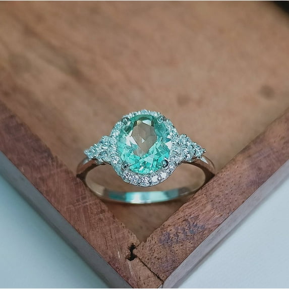 Green Amethyst Halo Ring, 925 Sterling Silver Ring, Oval Cut Green Amethyst Ring, Faceted Amethyst Ring, Engagement Ring, Birthstone Ring