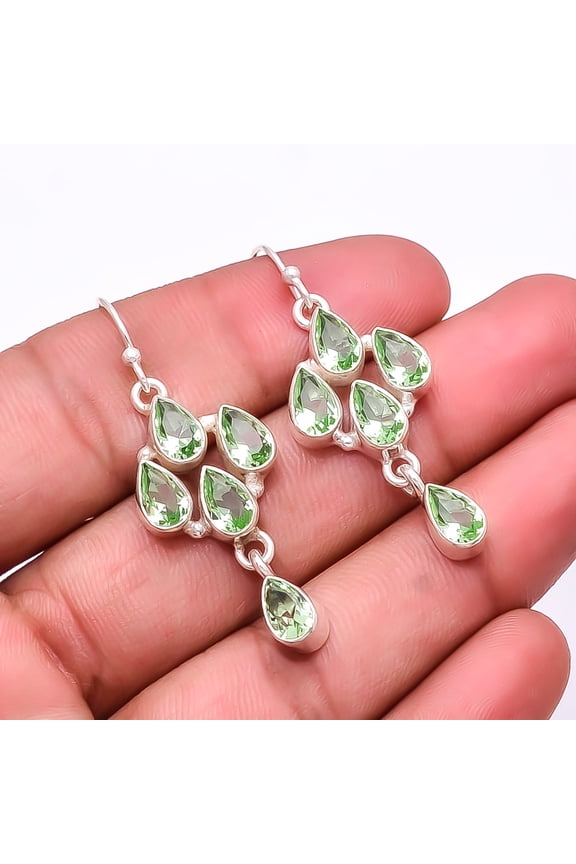 Green Amethyst Multi Collet 925 Silver Plated Earring 1.76", Green Amethyst Earring E_8063_359_11