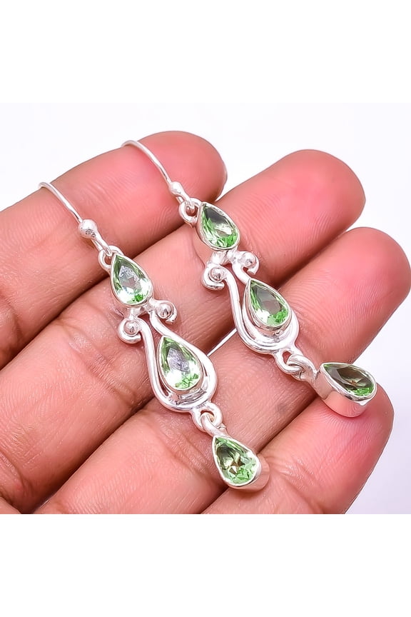Green Amethyst Multi Collet 925 Silver Plated Earring 2.11", Green Amethyst Earring E_8002_355_25