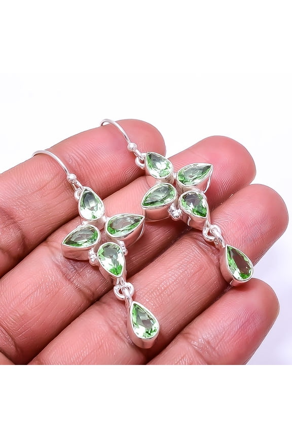 Green Amethyst Multi Collet 925 Silver Plated Earring 2.15", Green Amethyst Earring E_8027_360_21