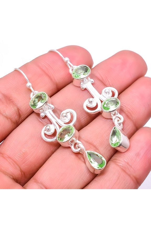 Green Amethyst Multi Collet 925 Silver Plated Earring 2.15", Green Amethyst Earring E_8043_358_17