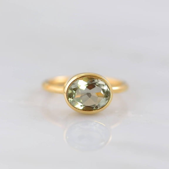 Green Amethyst Ring In Silver With 18k Gold Plating