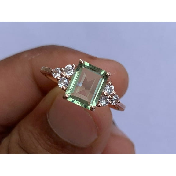 Green Amethyst Ring-Natural Prasiolite Ring-Emerald Cut Amethyst- Amethyst Birthstone Solitaire Ring- 925Sterling SilverRing gift for her
