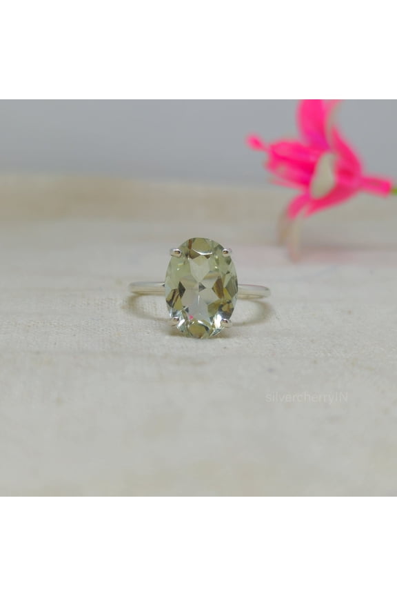 Green Amethyst Ring: Oval Prasiolite, Sterling Silver Stackable Ring