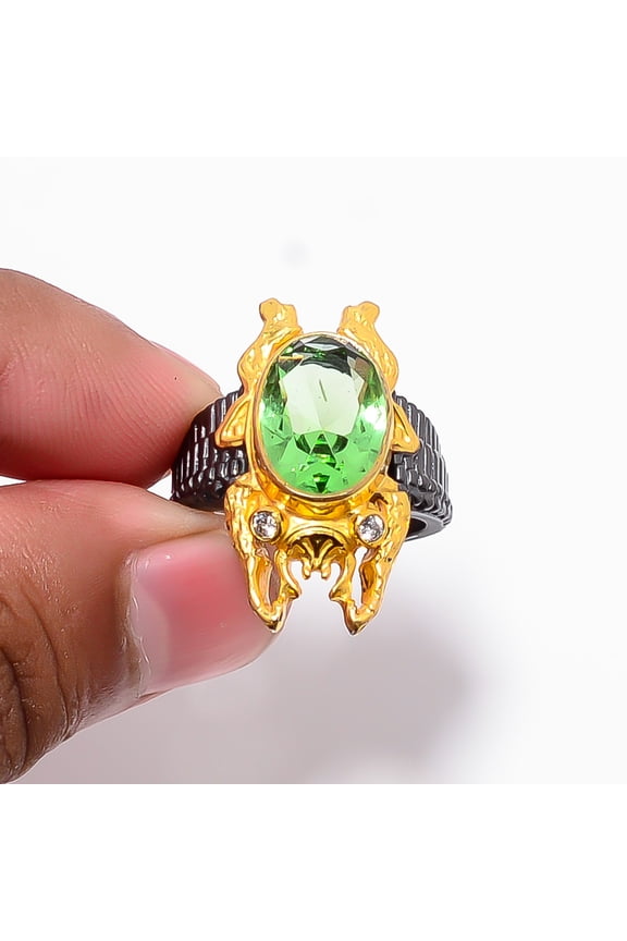 Green Amethyst & White Topaz 925 Sterling Silver Frog Ring S.8 R87528, Christmas Gift