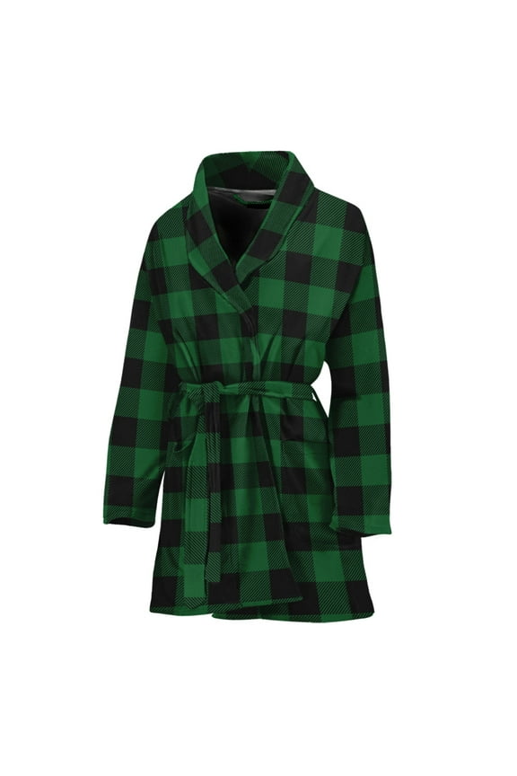 Green And Black Buffalo Check Women Bathrobe One Size Univeral Fits, Checkered Caro Plaid Tartan Fashion Lightweight Plush Fleece Long Robe For Women