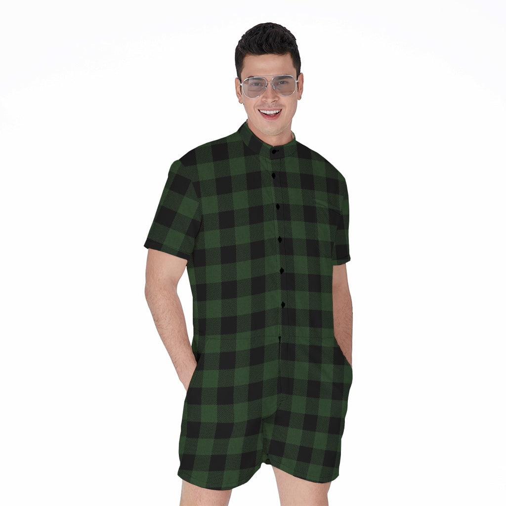 Green And Black Buffalo Plaid Short Sleeve Men'S Rompers
