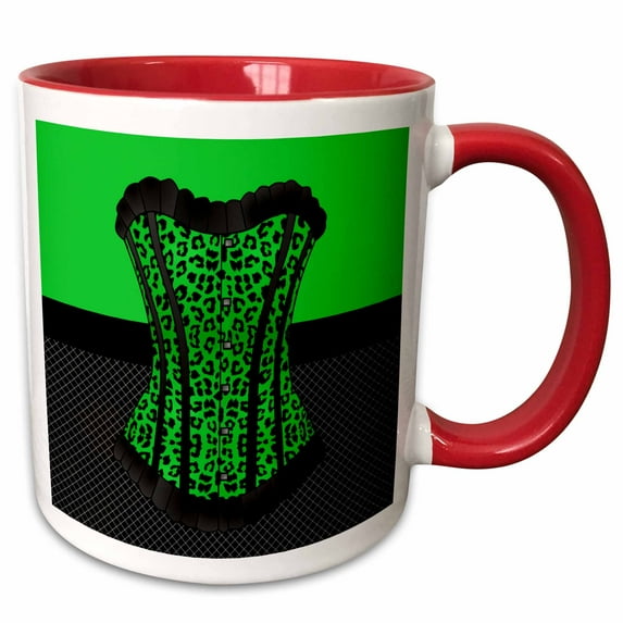 3drose, Green and Black Cheetah Print Corset on Black Fishnet, 11oz Two-tone Red Mug