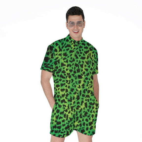 Green And Black Cheetah Short Sleeve Men'S Rompers Casual Summer Jumpsuits Outfit