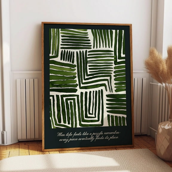 Green And Black Puzzle-Inspired Wall Art - Geometric Abstract Nature Print - Minimalist Earthy Wall Art, Modern Wall Decor, 8x12 UNFRAMED