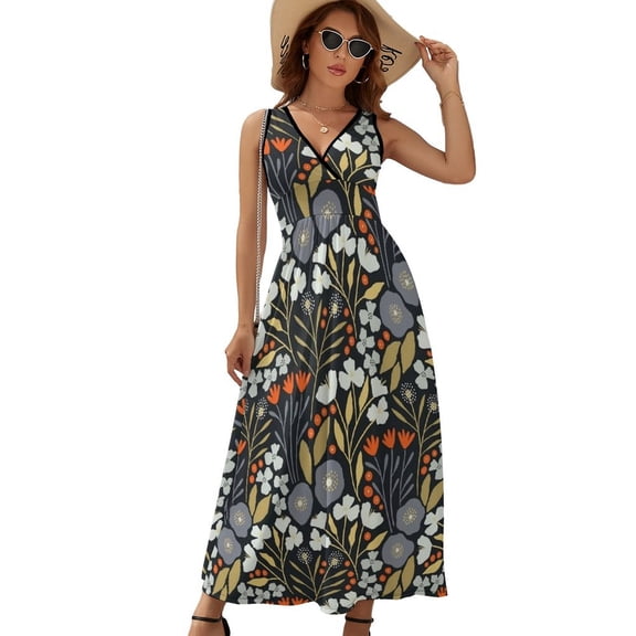 Green And Blue Wildflowers Womens Night Club Maxi Dress V Neck Sleeveless Bohemia Long Dresses