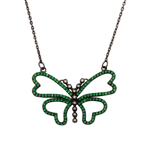 Green And Clear Cubic Zirconia Butterfly Necklace Black Rhodium Plated Sterling Silver