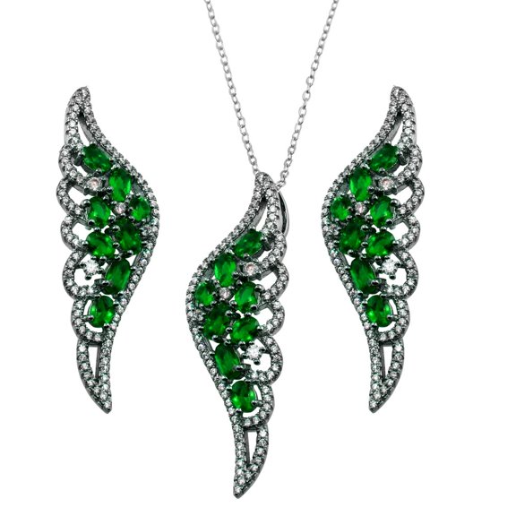 Green And Clear Cubic Zirconia Wing Earrings Necklace Set Black Rhodium Sterling Silver