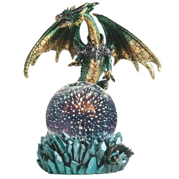 Green And Gold Armored Dragon On Rocky Cliff Edge With LED Optic Ball Figurine