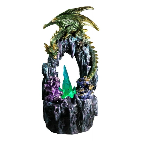 Green And Gold Dragon Guarding Faux Geode Rock Arch With LED Crystals Figurine