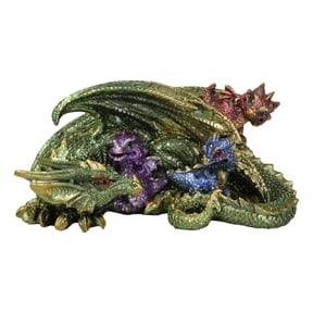 Green And Gold Dragon Mother With Hatchlings At Nap Time Family Fantasy Figurine