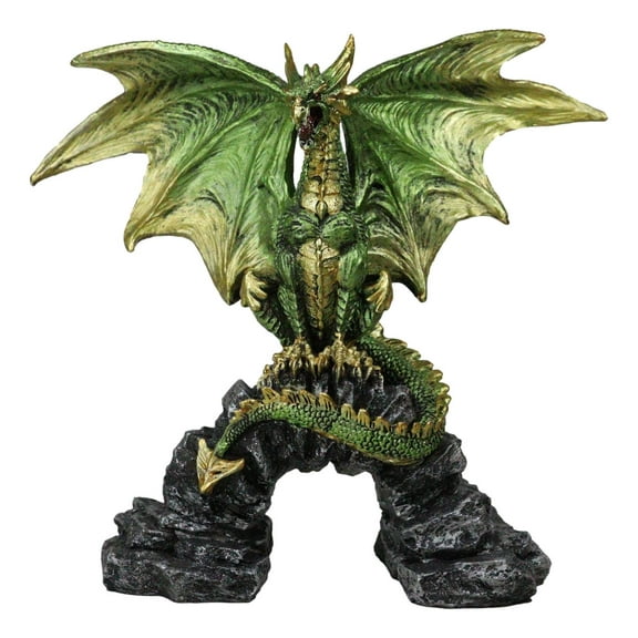 Green And Gold Scales Behemoth Dragon Perching On Ancient Rock Arch Figurine