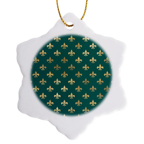 3drose, Green and Image of Gold Fleur De Lis Pattern, 3 inch Snowflake Porcelain Ornament