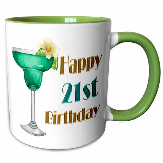3drose, Green and Image of Gold Happy 21st Birthday with a Cocktail, 15oz Two-tone Green Mug
