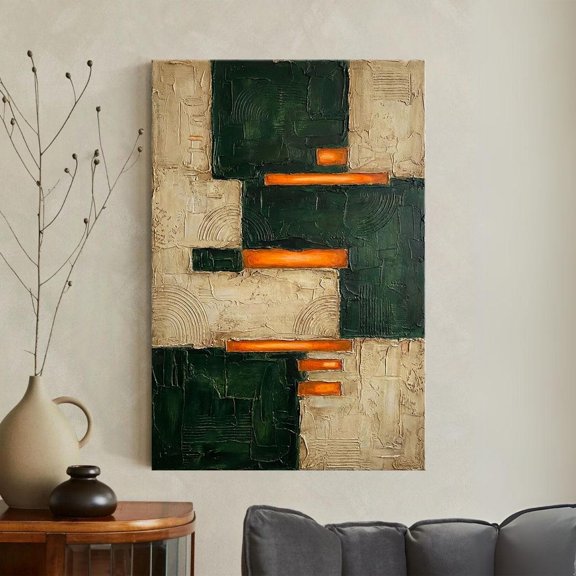 Green And Orange Abstract Wall, Mid Century Modern Decor, Emerald Cream Geometric Industrial Poster Wall Art Print