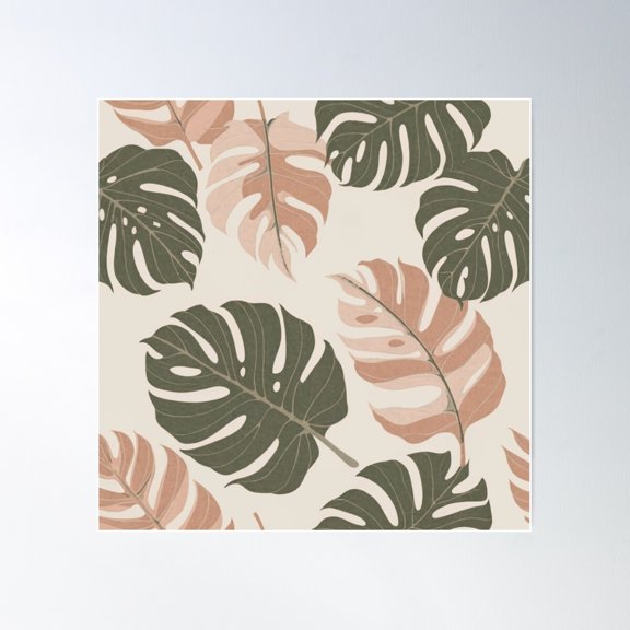 Green And Pink Monstera Leaves Poster Wall Art, Modern Wall Decor For Living Room Bedroom, 17x17 UNFRAMED