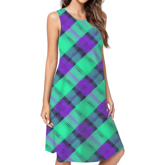 Green And Purple Plaid Pattern Casual Sleeveless Loose Sundress Dress For Women Summer Dress Daily Woman