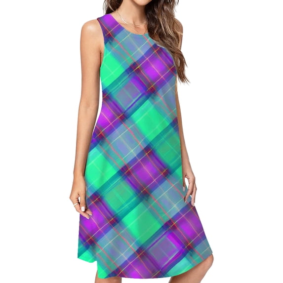 Green And Purple Plaid Pattern Dress Loose Women'S Dress Beach Dresses With Pockets Dresses For Womens