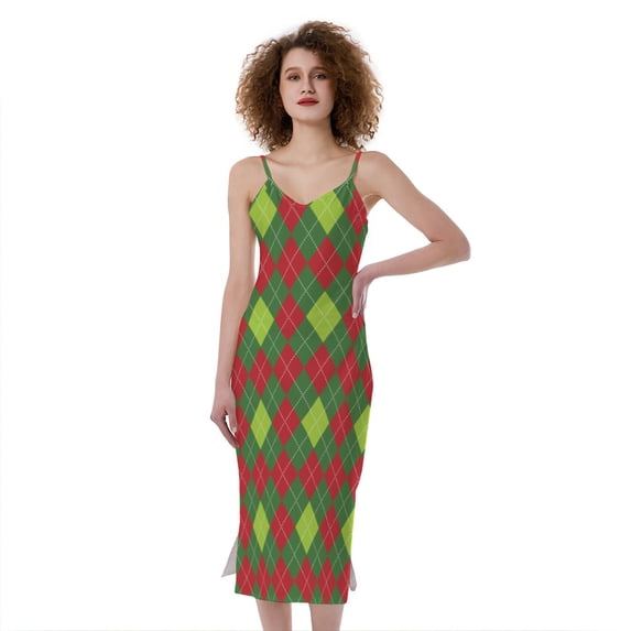 Green And Red Christmas Argyle Print Slim Fit Midi Cami Dress, Jesus Christian Fashion Summer Maxi Sexy Casual Dress For Women