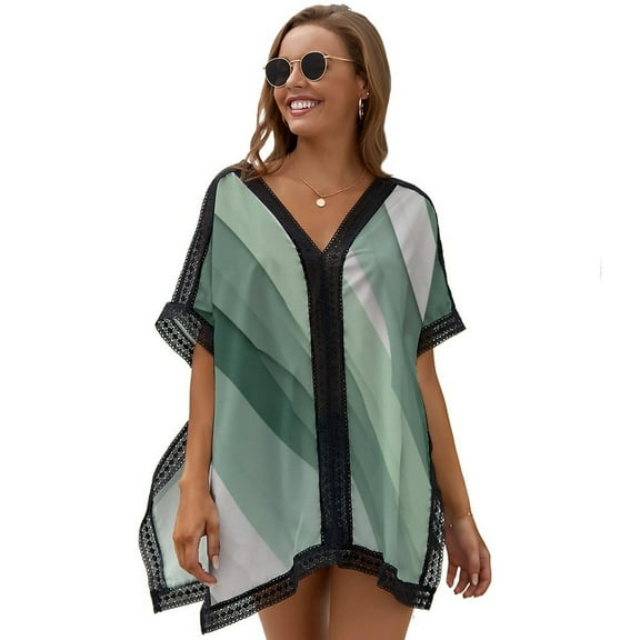 Green And White Abstract Printed Women's Swimsuit Cover Up Summer Swimsuit Dress