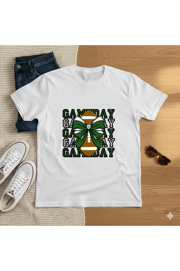 Green And White Bow Football Cheer Game Day Team Spirit Unisex T-Shirt, up to size 5XL