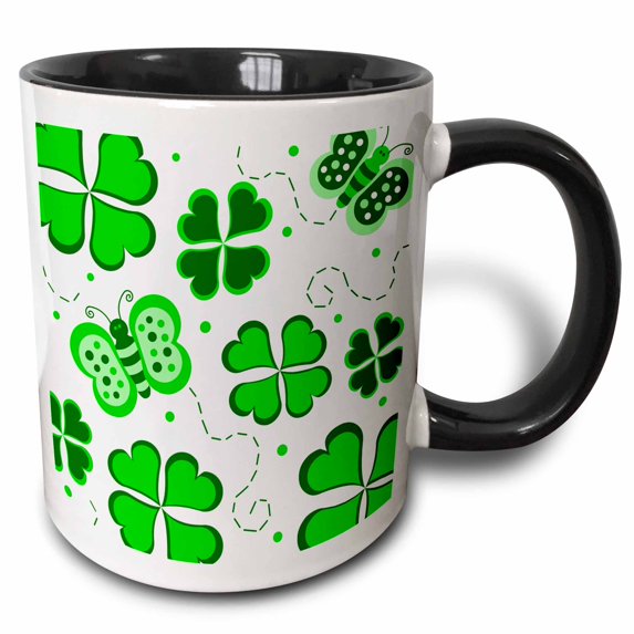 3drose, Green and White Butterfly and Shamrock Design, 11oz Two-tone Black Mug