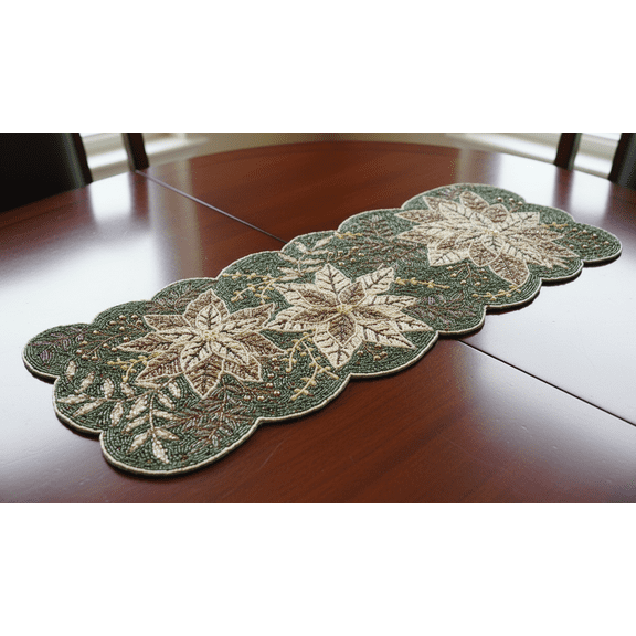 Green And White Floral Table Runner, Handmade Beads Table Runner, Designer Table Topper 13X36 Inches