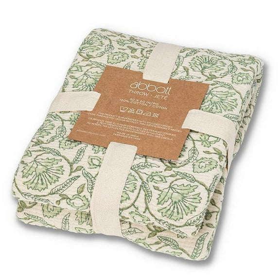 Abbott Evelyn Green Floral Cotton Throw Blanket – Soft & Stonewashed, 3-Layer Overstitched Design, 50x60" – Cozy Decorative Throw for Bed or Couch