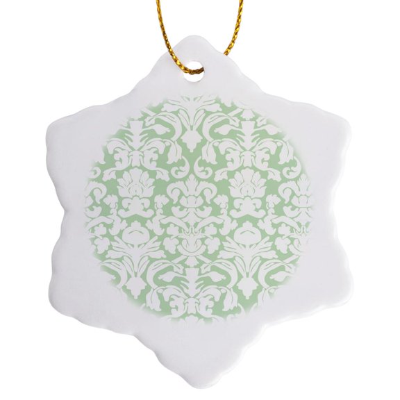 3drose, Green and White French Floral Fancy Damask Pattern - Classic Classy Elegant and Stylish Gray, 3 inch Snowflake Porcelain Ornament