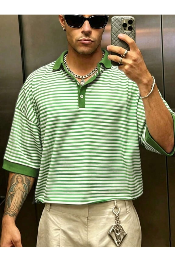 Green And White Horizontal Stripe Polo Shirt Boxed Loose Fit Short Sleeve Collared Casual Summer Top