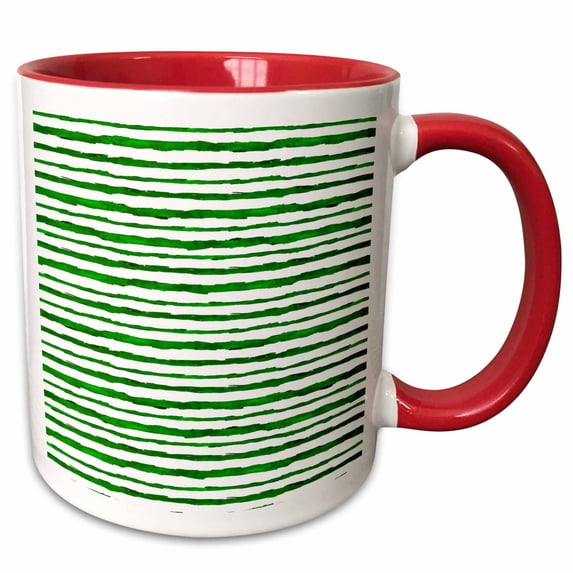 3drose, Green and White Irregular Stripes Pattern, 15oz Two-tone Red Mug