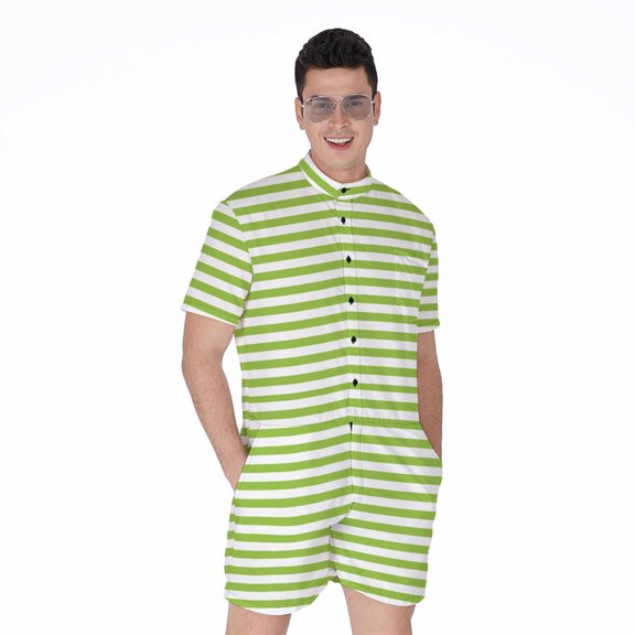 Green And White Striped Pattern Short Sleeve Men'S Rompers Casual Summer Jumpsuits Outfit
