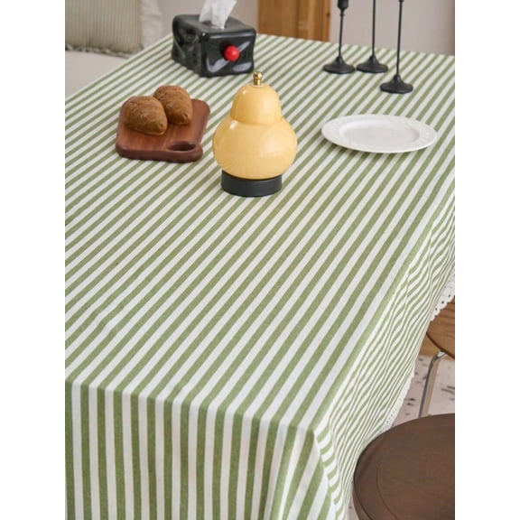 Green And White Striped Tablecloth, Farmhouse Style, Rectangular, 1 Piece