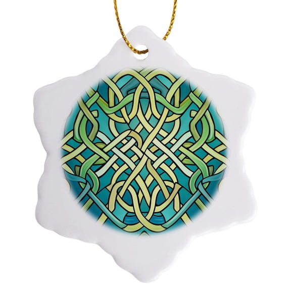 3drose, Green and Yellow Celtic Pattern or Background for St. Patricks Day, 3 inch Snowflake Porcelain Ornament