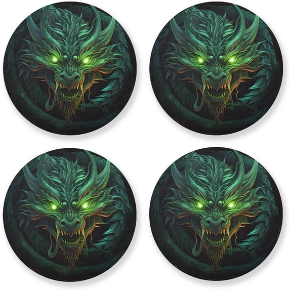 Green Angry Dragon Drinks Coasters, Non-Scratch Cork Base Round Cups Mats for for Wooden Coffee Table, Cool Housewarming Gift for Home Decor