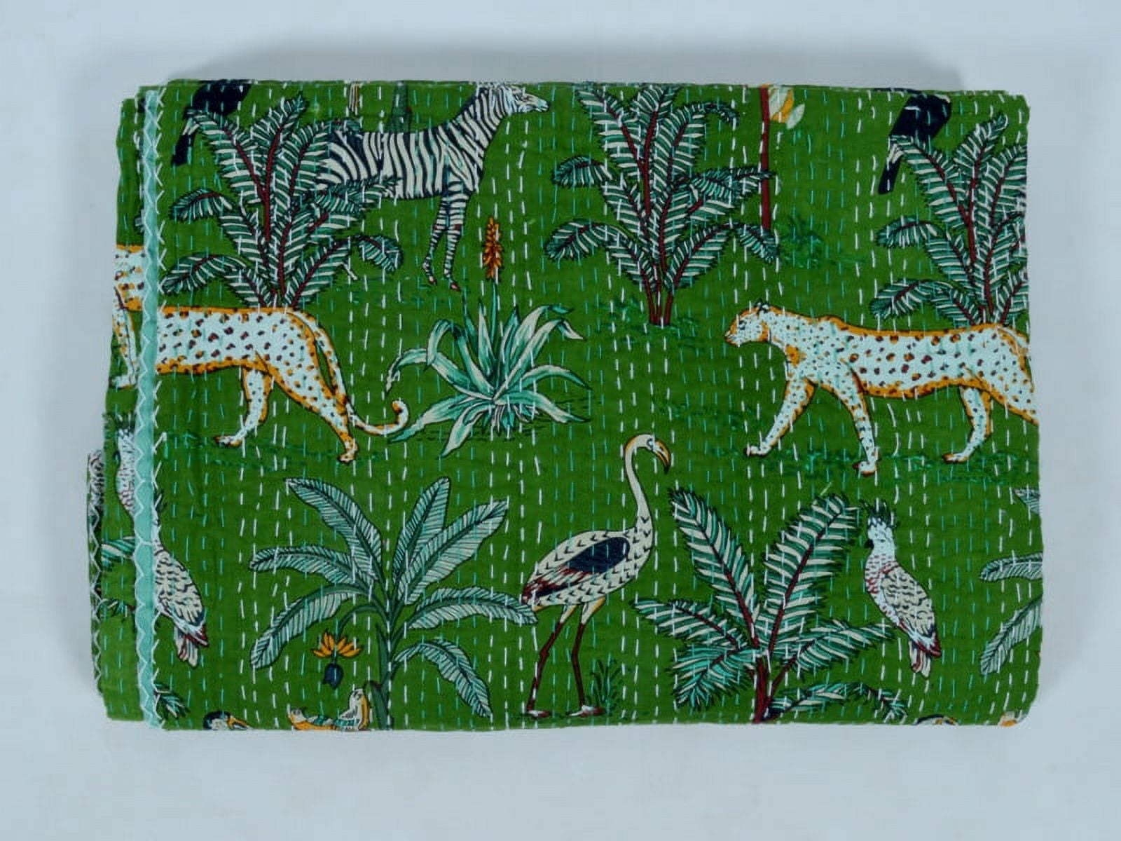 Green Animal Print Quilt Queen Kantha Quilt Bedspread Cotton Blanket