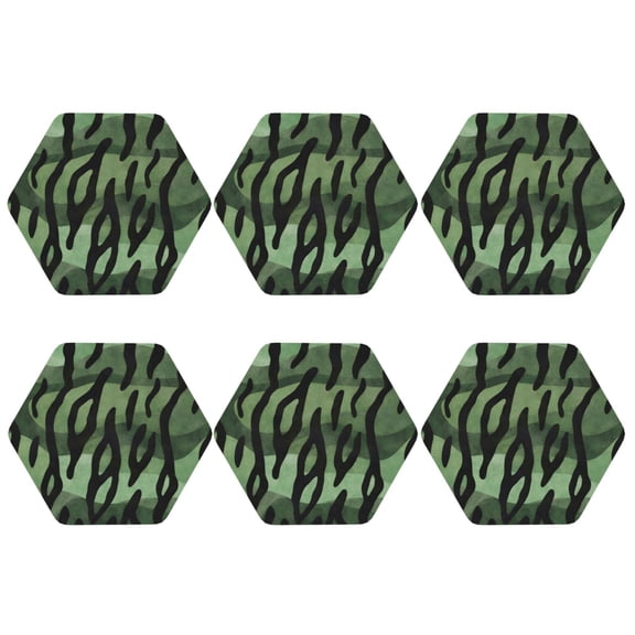 Green-Animal Tiger Stripe Leather Drink Coasters for Drinks (6 Pack) for Tabletop Protection Hexagon