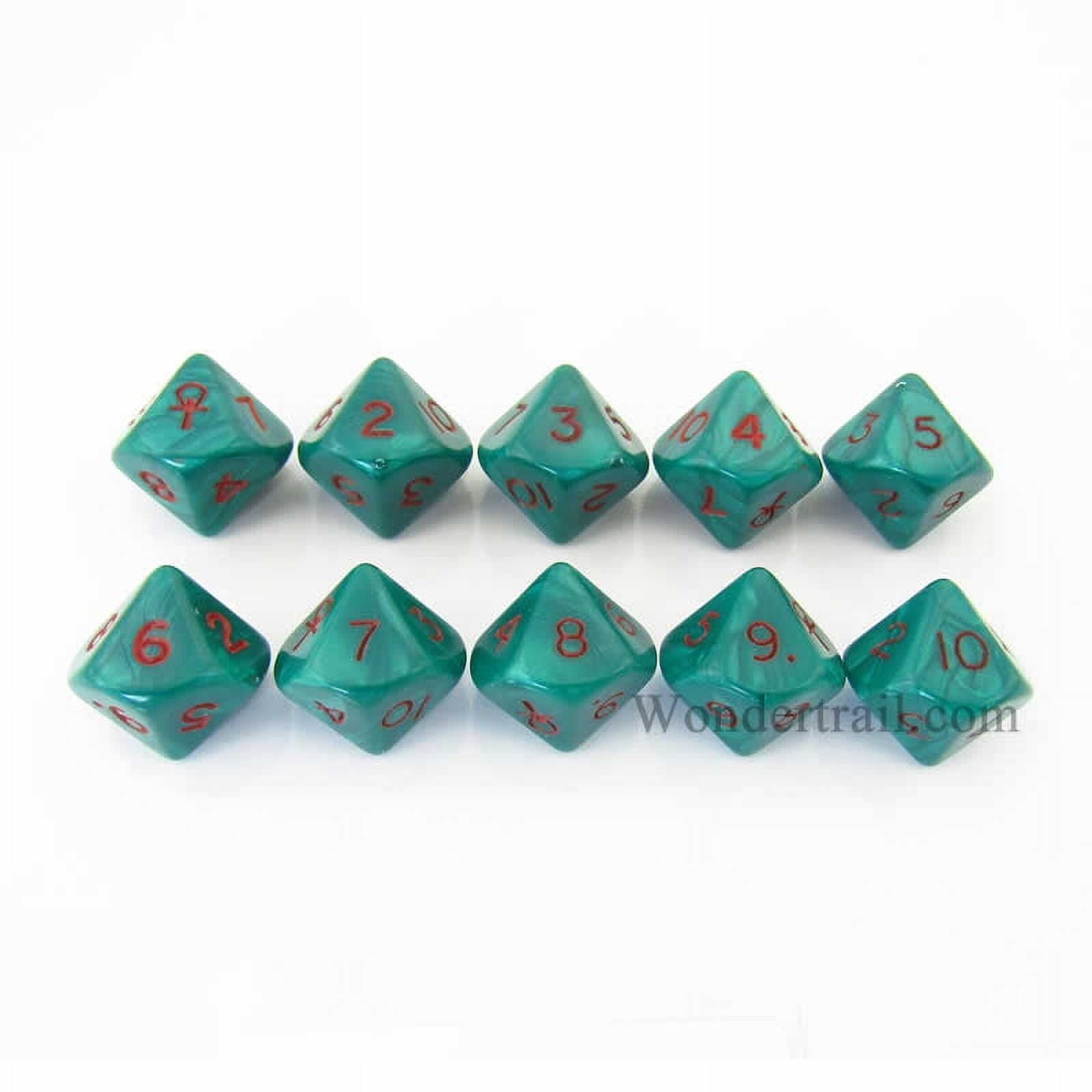 Green Ankh Dice with Red Numbers D10 16mm (5/8in) Pack of 10 Koplow Games