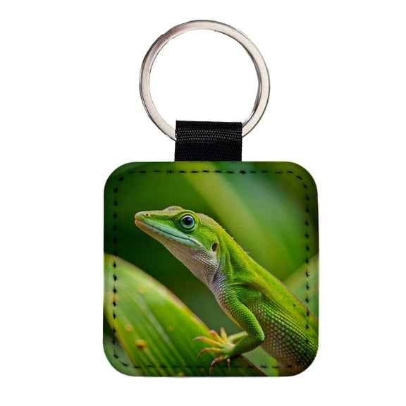 Green Anole Lizard Reptile Faux Leather Square Keychain