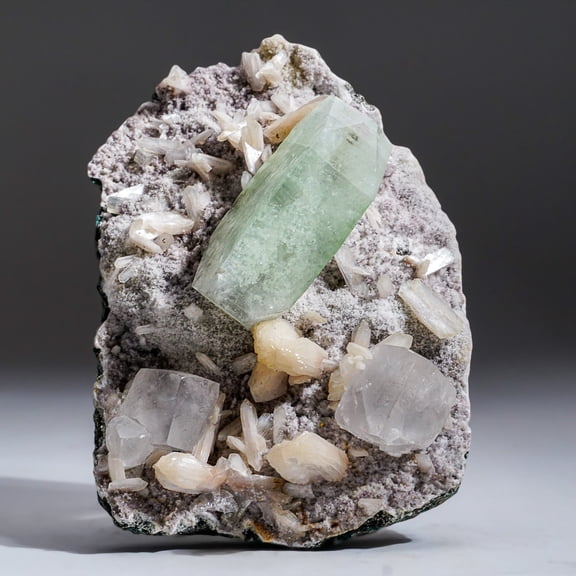 Green Apophyllite with Gem Calcite and Stilbite from Pune District, Maharashtra, India