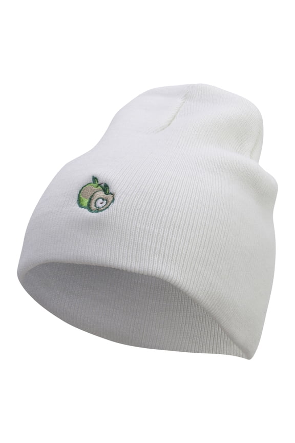 Green Apple Embroidered 8 Inch Short Beanie - White OSFM