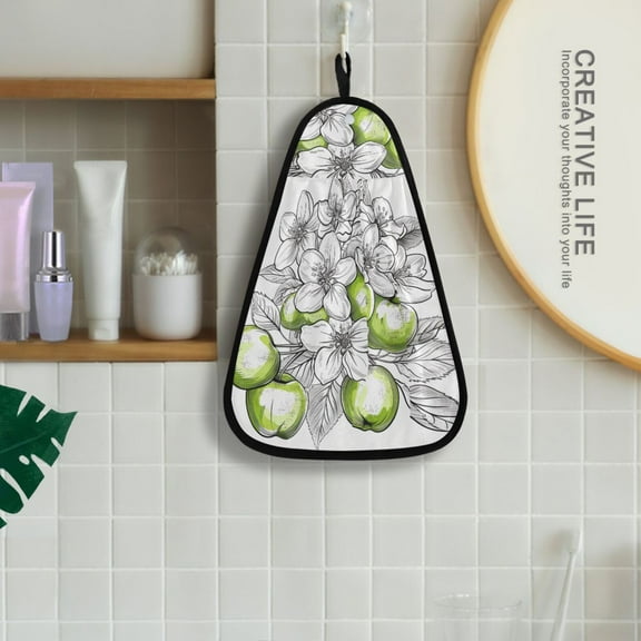 Green Apple Flowers Hanging Towel Kitchen Hand Towel Bathroom Absorbent Towel Machine Washable Quick Dry Dishcloths