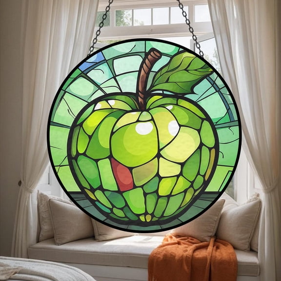 Green Apple Glass Suncatcher, Mosaic Elements Window Garden Decoration Pastoral Botanical, 6.3 in