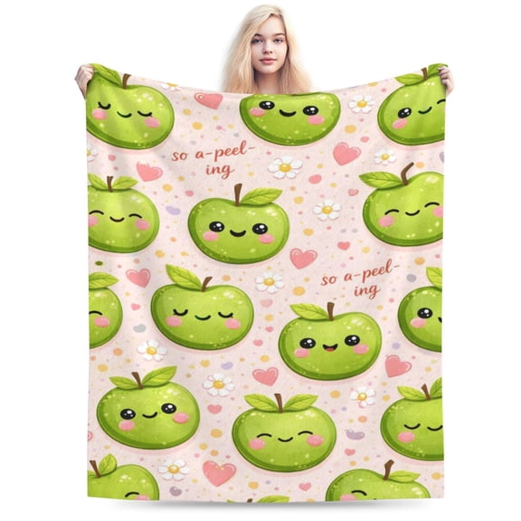 Green Apple Pattern Throw Blanket, Playful Fruit Design Decorative Blanket for Sofa Couch Bed Home Décor 50x40