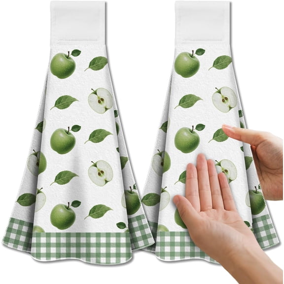 Green Apples Hanging Kitchen Towels with Loop Set of 2 - Soft & Super Absorbent Microfiber Decorative Hanging Dish & Hand Towel